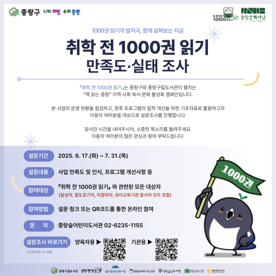 【취학 전 1000권 읽기】 만족도·실태 조사 안녕하세요. 중랑숲어린이도서관입니다.
우리 도서관에서는 미취학 아동을 대상으로 진행하는 독서 운동인 『취학 전 1000권 읽기』 와 관련한 참여 만족도 및 실태 조사를 진행하고자합니다.
중랑구 대표 독서 사업인만큼 더 나은 방향을 위하여 달성자, 중도포기자, 미참여자까지(유아교육기관: 참여 기관, 미참여 기관 모두 포함) 진행하는
조사이오니 바쁘시겠지만 꼭 참여하여 주시기 바랍니다.

귀하께서 응답해주시는 내용은 통계법 33조에 의해 철저하게 비밀이 보장되며
오직 통계 분석 용도로만 사용됩니다. (소요시간: 5분)
감사합니다.
(문의 ☎ 02-6235-1155)
【조사 바로가기】 홍보물 내 QR코드 접속, 또는 아래의 링크 접속 
【양육자용】https://moaform.com/q/vQPyil
【기관용】https://moaform.com/q/KyNrtO